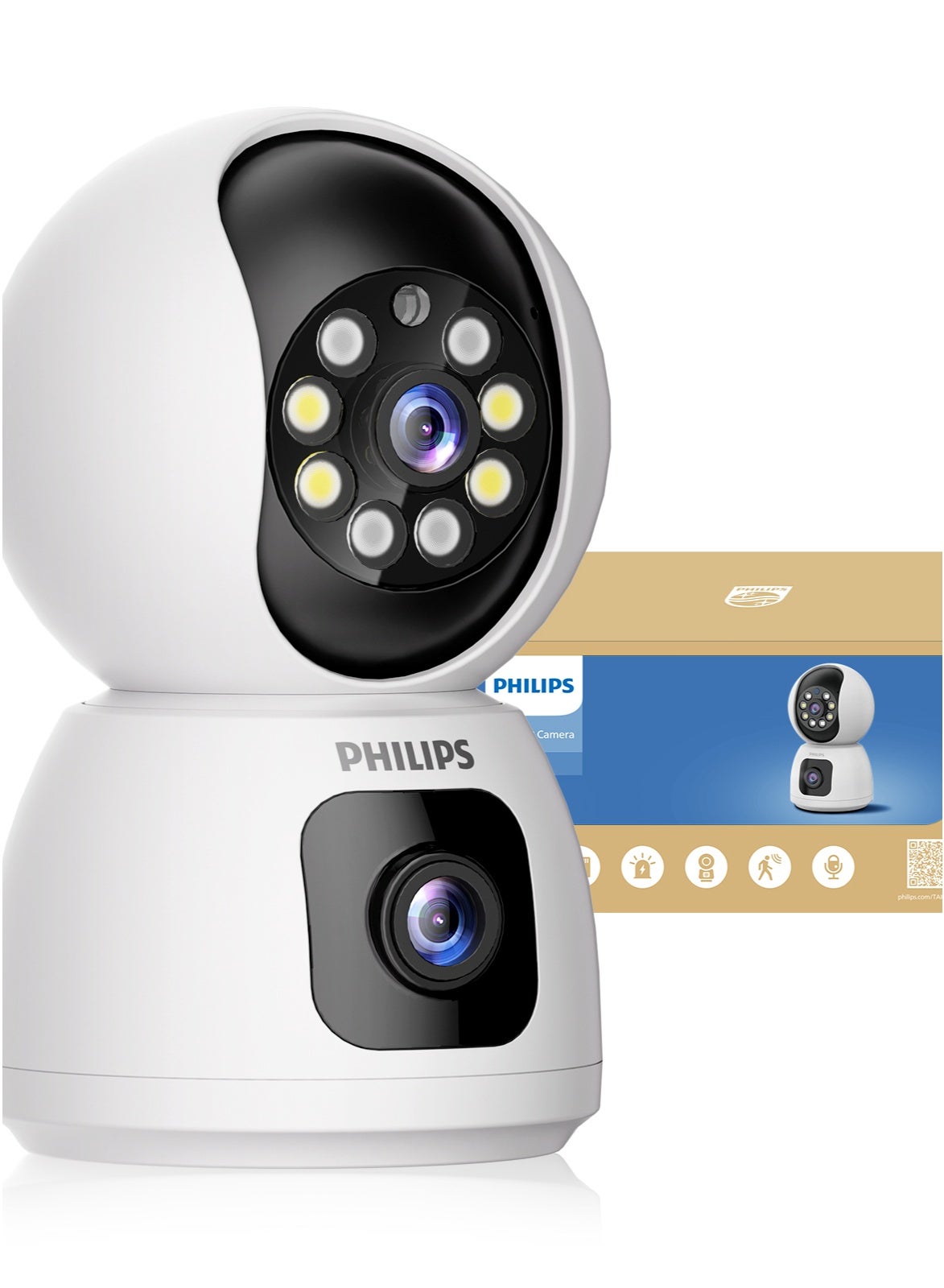 Philips Dual-Lens 360° WiFi Security Camera, 1080P AI-Enhanced Video (2K-Like), Smart Wireless Home IP Camera, Only supports 2.4G Wifi,Motion Detection, Auto Tracking, Night Vision, Two-Way Audio, Baby Camera, Supports MicroSD up to 128GB